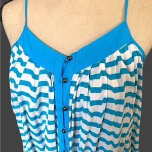 Naked Zebra-Large rayon top blue/white.  Silver buttons, adjustable straps. EUC!